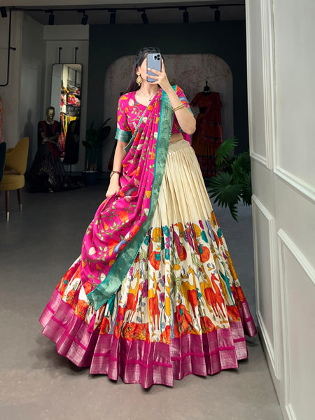 Women's Tusser Silk Jacquard Lehenga Choli with Floral Foil Work & Gotta Patti Dupatta