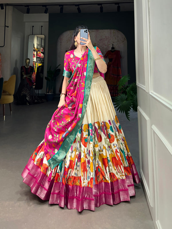 Women's Tusser Silk Jacquard Lehenga Choli with Floral Foil Work & Gotta Patti Dupatta