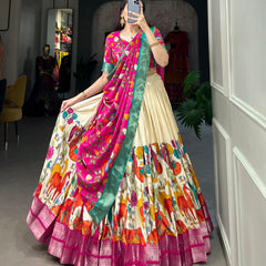 Women's Tusser Silk Jacquard Lehenga Choli with Floral Foil Work & Gotta Patti Dupatta