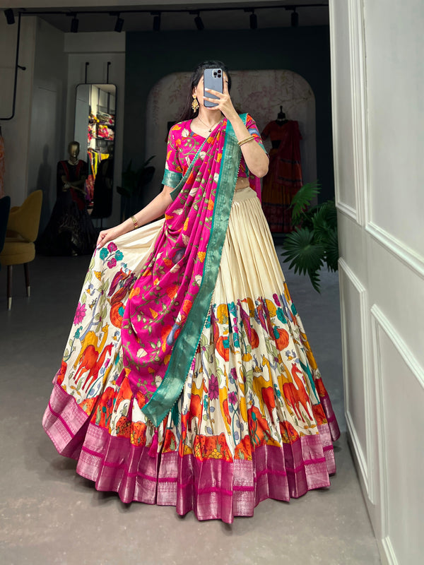 Women's Tusser Silk Jacquard Lehenga Choli with Floral Foil Work & Gotta Patti Dupatta