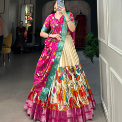 Women's Tusser Silk Jacquard Lehenga Choli with Floral Foil Work & Gotta Patti Dupatta