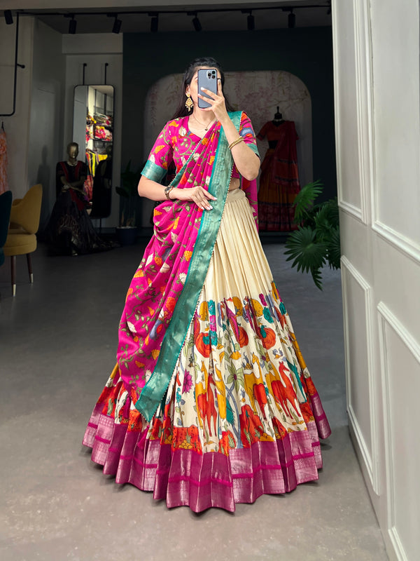 Women's Tusser Silk Jacquard Lehenga Choli with Floral Foil Work & Gotta Patti Dupatta