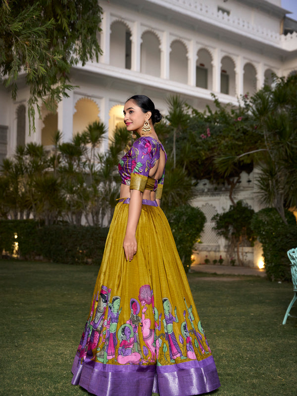 Women's Tusser Silk Jacquard Border Lehenga Choli with Floral Foil Work