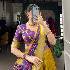 Women's Tusser Silk Jacquard Border Lehenga Choli with Floral Foil Work