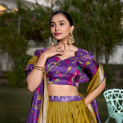 Women's Tusser Silk Jacquard Border Lehenga Choli with Floral Foil Work
