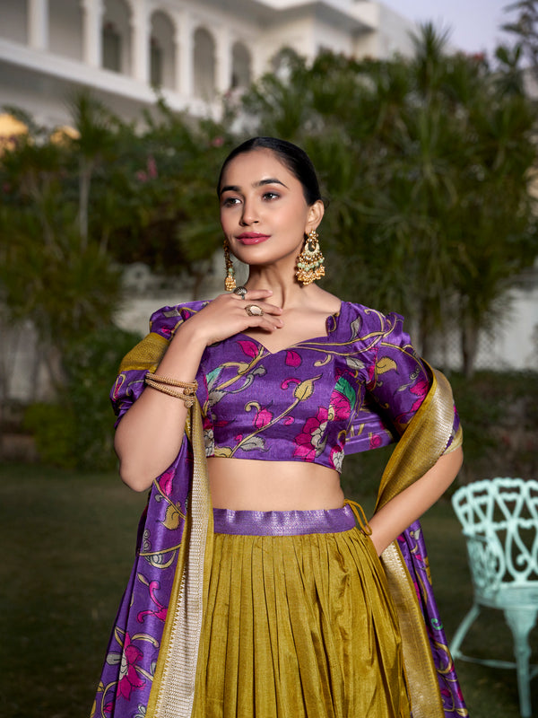 Women's Tusser Silk Jacquard Border Lehenga Choli with Floral Foil Work