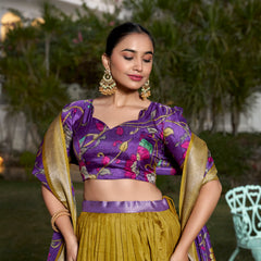 Women's Tusser Silk Jacquard Border Lehenga Choli with Floral Foil Work