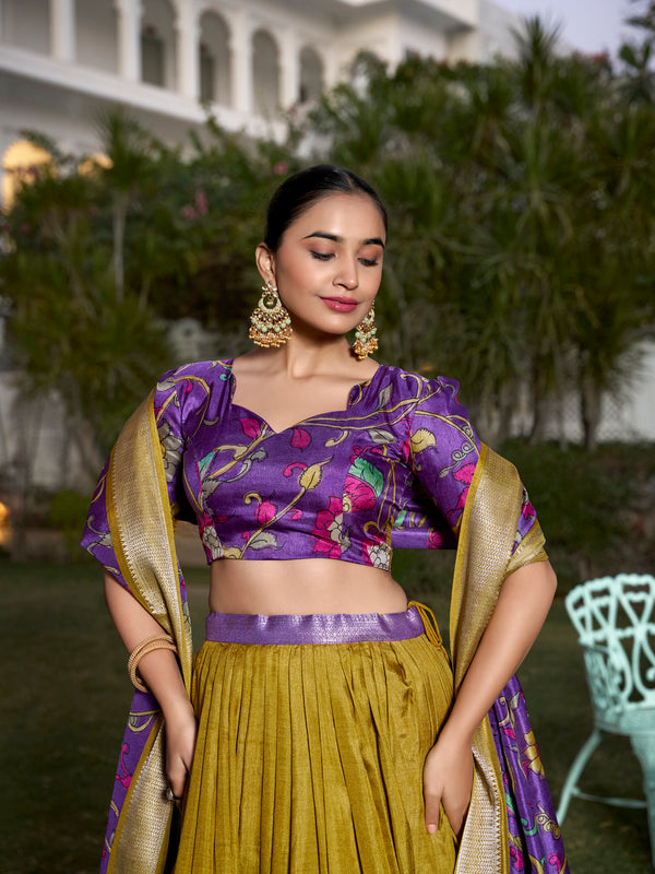 Women's Tusser Silk Jacquard Border Lehenga Choli with Floral Foil Work