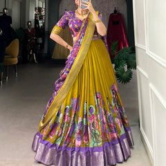 Women's Tusser Silk Jacquard Border Lehenga Choli with Floral Foil Work