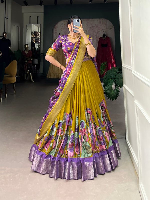 Women's Tusser Silk Jacquard Border Lehenga Choli with Floral Foil Work
