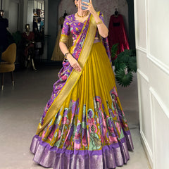 Women's Tusser Silk Jacquard Border Lehenga Choli with Floral Foil Work