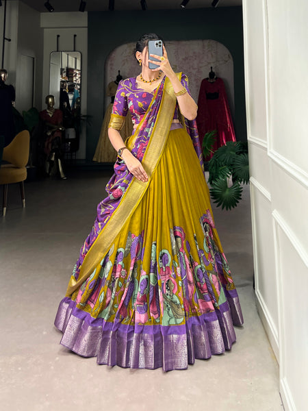 Women's Tusser Silk Jacquard Border Lehenga Choli with Floral Foil Work