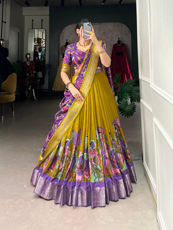 Women's Tusser Silk Jacquard Border Lehenga Choli with Floral Foil Work