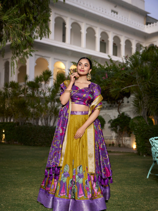 Women's Tusser Silk Jacquard Border Lehenga Choli with Floral Foil Work