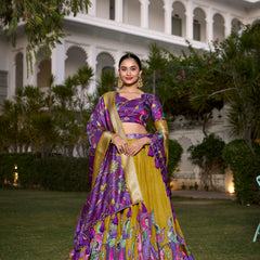 Women's Tusser Silk Jacquard Border Lehenga Choli with Floral Foil Work