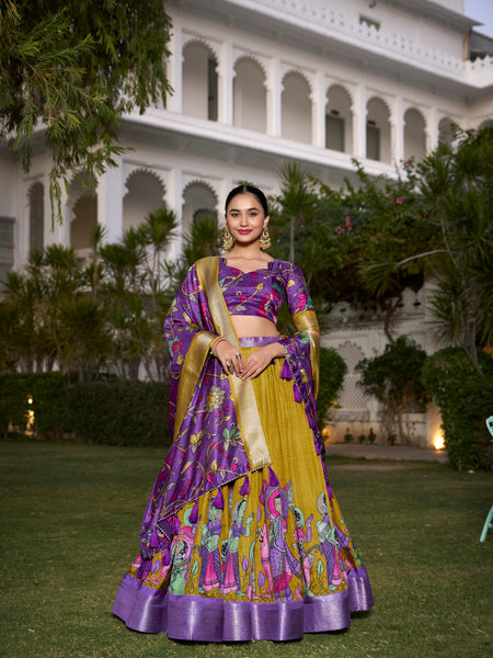 Women's Tusser Silk Jacquard Border Lehenga Choli with Floral Foil Work