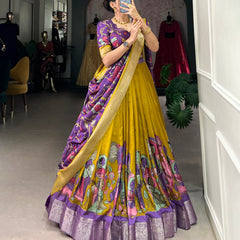 Women's Tusser Silk Jacquard Border Lehenga Choli with Floral Foil Work
