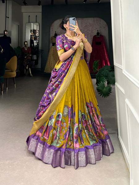 Women's Tusser Silk Jacquard Border Lehenga Choli with Floral Foil Work