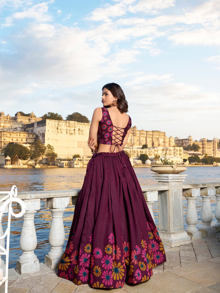 Women's Tusser Silk Floral Print Lehenga Choli with Foil Work & Gotta Patti Dupatta