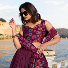 Women's Tusser Silk Floral Print Lehenga Choli with Foil Work & Gotta Patti Dupatta