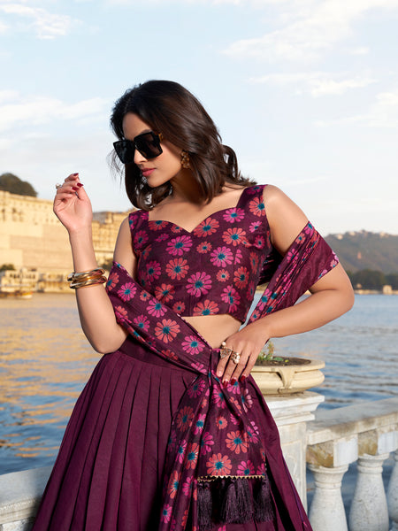 Women's Tusser Silk Floral Print Lehenga Choli with Foil Work & Gotta Patti Dupatta