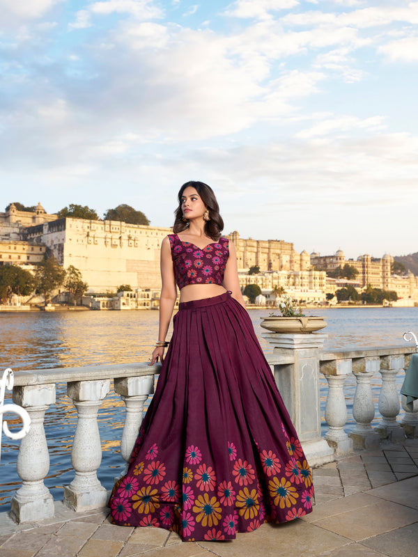 Women's Tusser Silk Floral Print Lehenga Choli with Foil Work & Gotta Patti Dupatta