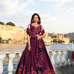 Women's Tusser Silk Floral Print Lehenga Choli with Foil Work & Gotta Patti Dupatta