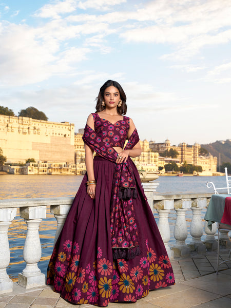 Women's Tusser Silk Floral Print Lehenga Choli with Foil Work & Gotta Patti Dupatta