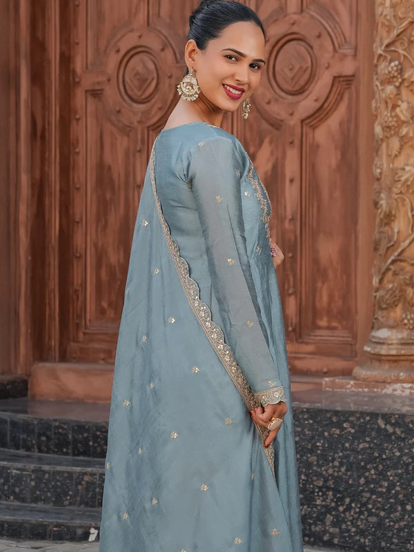 Women's Vichitra Silk Embroidered Kurta Palazzo & Dupatta Set