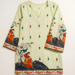 Women’s Cream Cotton Kalamkari Printed V-Neck Tunic