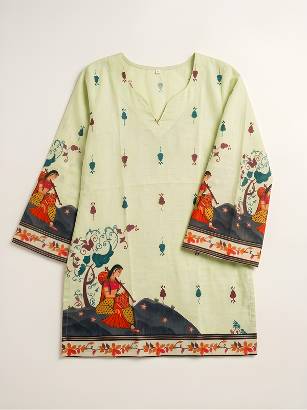 Women’s Cream Cotton Kalamkari Printed V-Neck Tunic