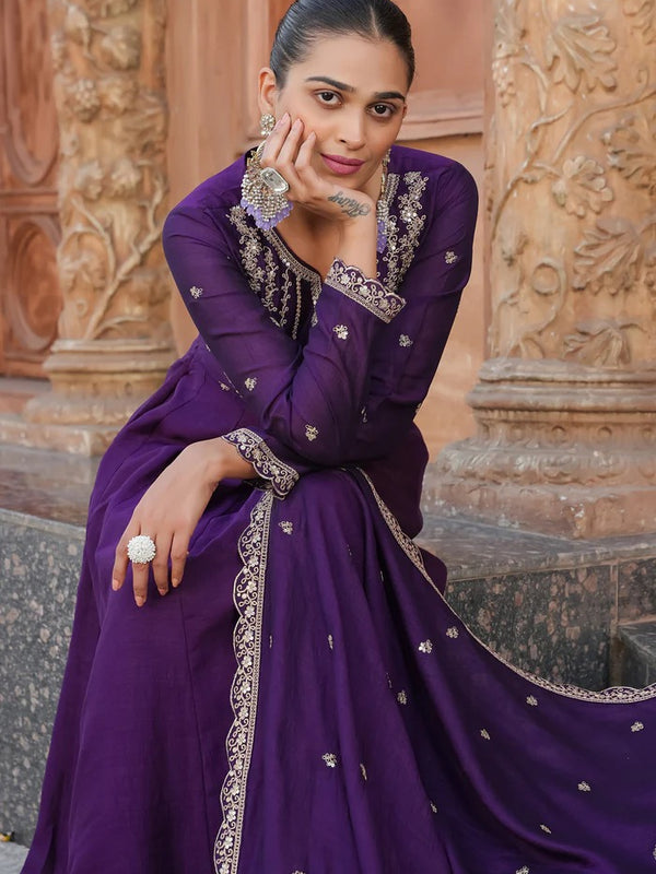 Women's Vichitra Silk Embroidered Kurta Palazzo & Dupatta Set