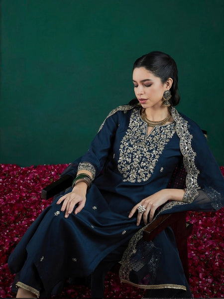Women’s Chanderi Embroidered Kurta with Stitched Bottom & Organza Dupatta Set