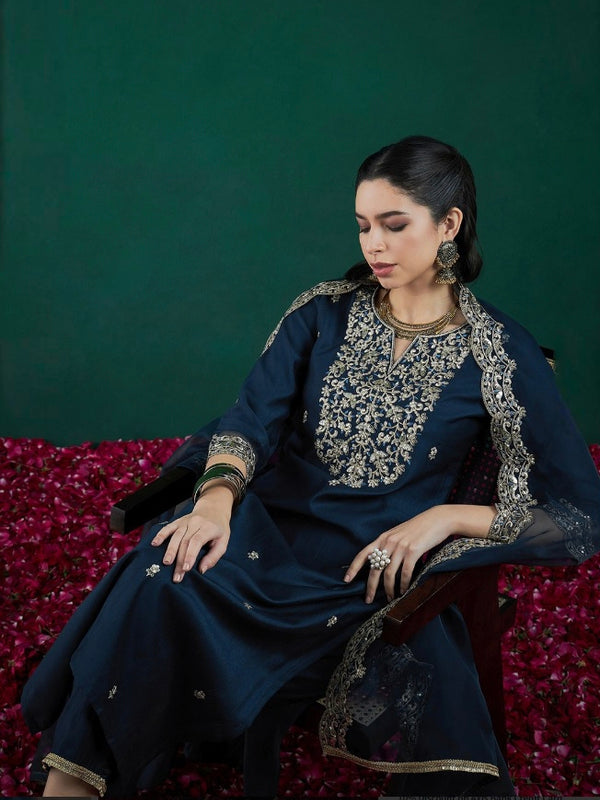 Women’s Chanderi Embroidered Kurta with Stitched Bottom & Organza Dupatta Set