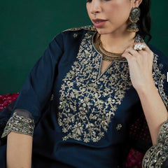 Women’s Chanderi Embroidered Kurta with Stitched Bottom & Organza Dupatta Set
