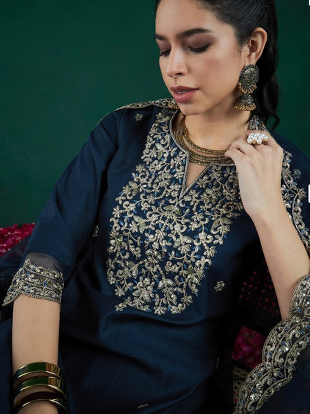 Women’s Chanderi Embroidered Kurta with Stitched Bottom & Organza Dupatta Set