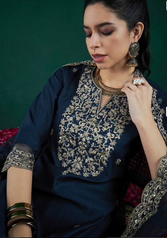 Women’s Chanderi Embroidered Kurta with Stitched Bottom & Organza Dupatta Set