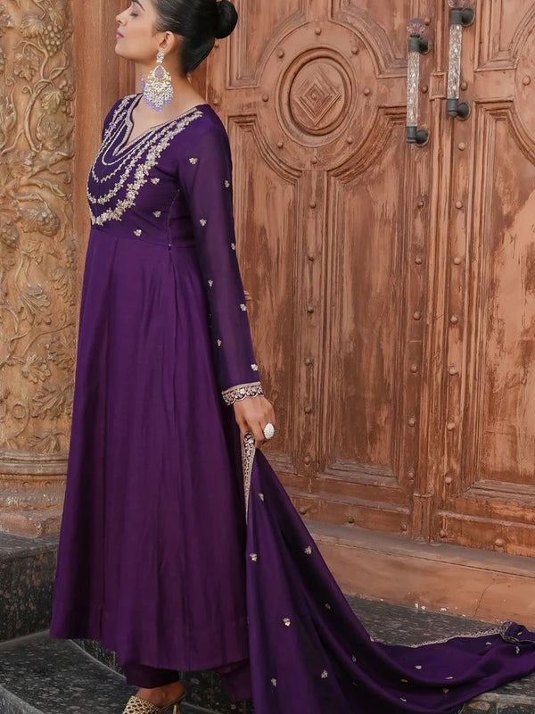 Women's Vichitra Silk Embroidered Kurta with Palazzo Pant & Dupatta Set