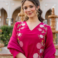 Women’s Chanderi Embroidered Kurta Set With Matching Dupatta