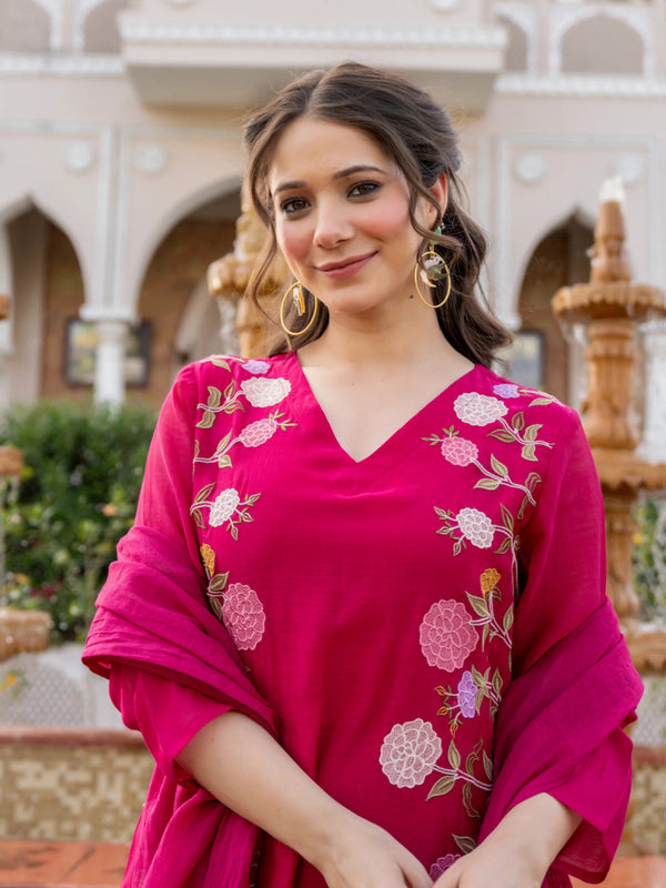 Women’s Chanderi Embroidered Kurta Set With Matching Dupatta