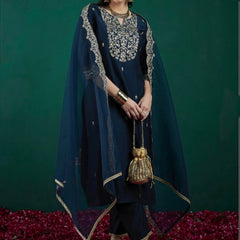 Women’s Chanderi Embroidered Kurta with Stitched Bottom & Organza Dupatta Set