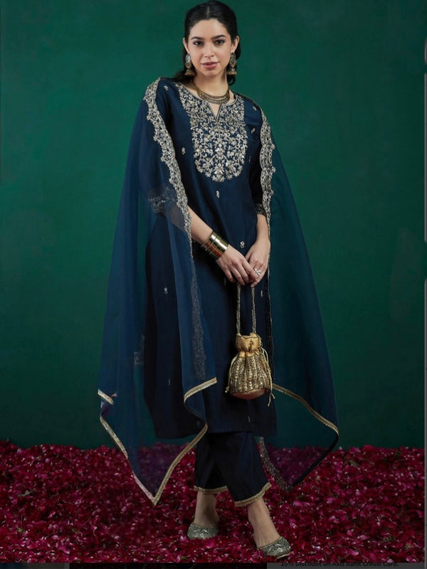 Women’s Chanderi Embroidered Kurta with Stitched Bottom & Organza Dupatta Set