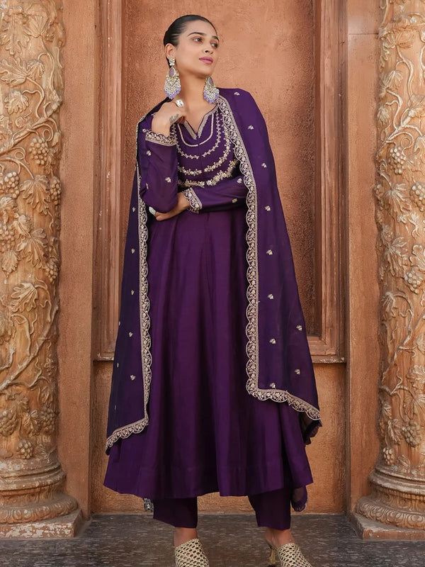 Women's Vichitra Silk Embroidered Kurta with Palazzo Pant & Dupatta Set