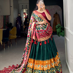 Women's Tusser Silk Floral Print Lehenga Choli with Foil Work & Gotta Patti Dupatta