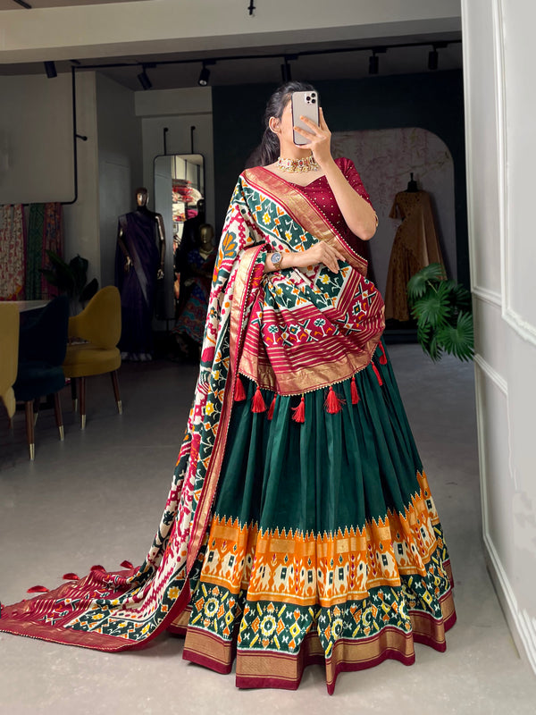Women's Tusser Silk Floral Print Lehenga Choli with Foil Work & Gotta Patti Dupatta