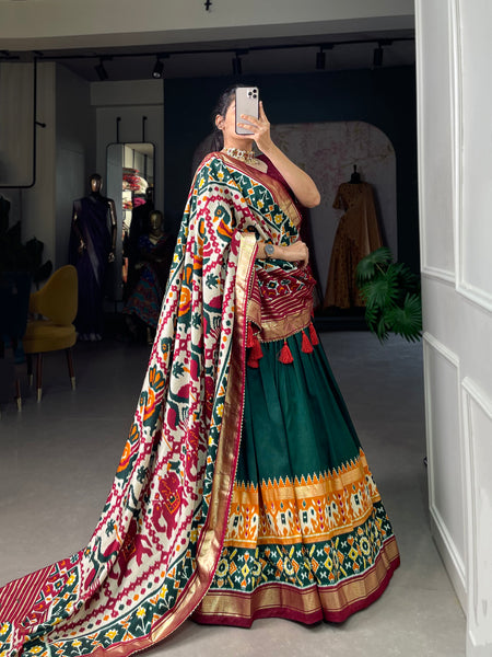 Women's Tusser Silk Floral Print Lehenga Choli with Foil Work & Gotta Patti Dupatta