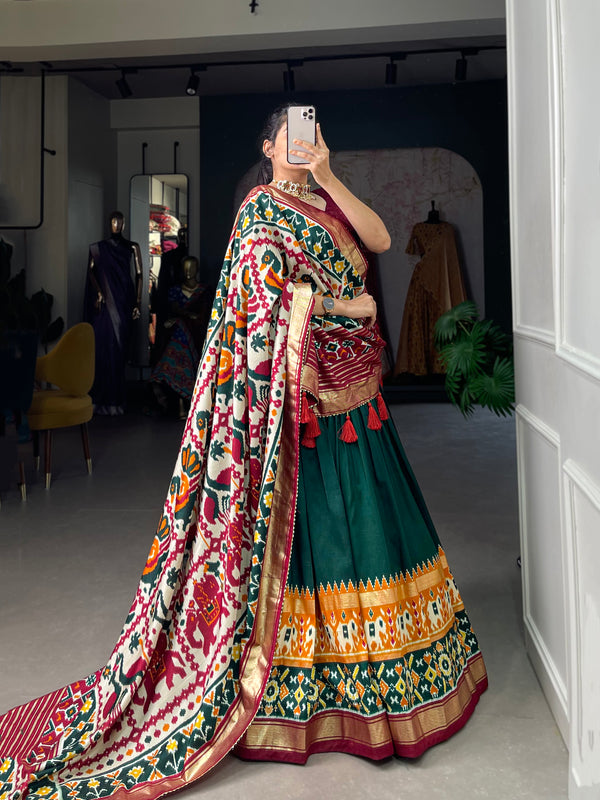 Women's Tusser Silk Floral Print Lehenga Choli with Foil Work & Gotta Patti Dupatta