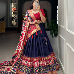 Women's Tusser Silk Floral Print Lehenga Choli with Foil Work & Gotta Patti Dupatta