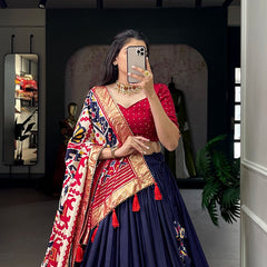 Women's Tusser Silk Floral Print Lehenga Choli with Foil Work & Gotta Patti Dupatta