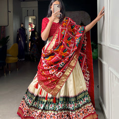 Women's Tusser Silk Floral Print Lehenga Choli with Foil Work & Gotta Patti Dupatta
